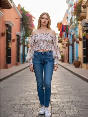 Ever New Smocked Off Shoulder Floral Top in Light Gray/Burgundy Size 6